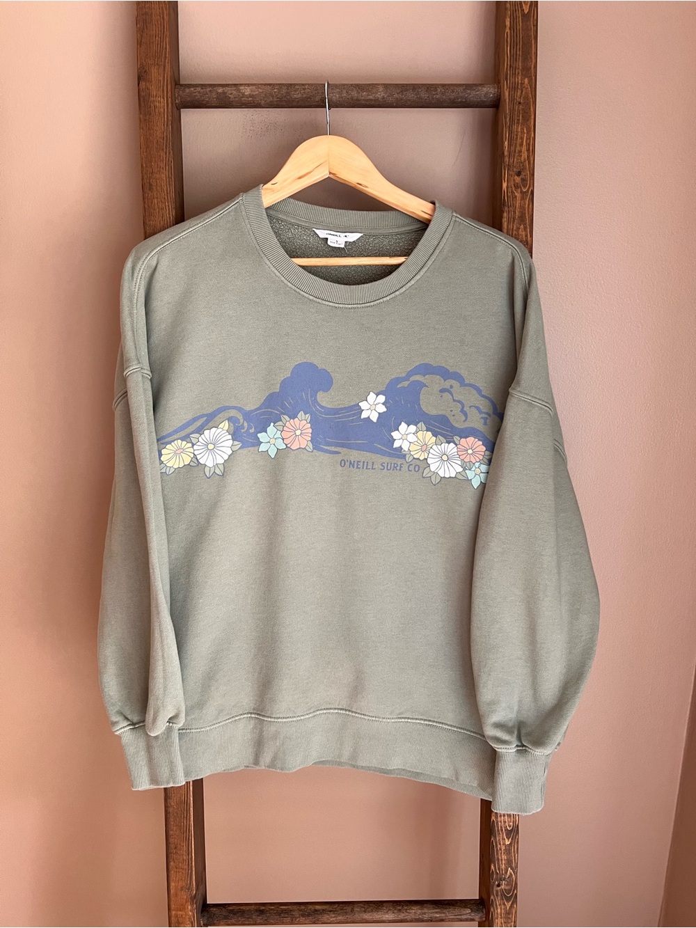 O'Neill Olive Green Crewneck with Floral Wave Graphic